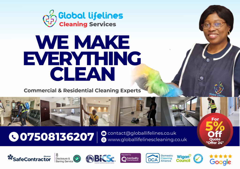  A group of cleaning professionals from Global Lifelines Cleaning Services working diligently to clean a school classroom in Wigan, Lancashire. The image shows them using cleaning supplies and equipment to disinfect surfaces, vacuum carpets, and dust furniture. The classroom is clean and tidy, with desks and chairs arranged neatly. The overall impression is one of professionalism, efficiency, and a commitment to providing a clean and healthy learning environment for students.