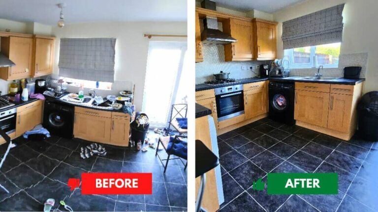 Before and after images of a kitchen deep clean in Wigan, highlighting thorough cleaning services for homes and businesses.