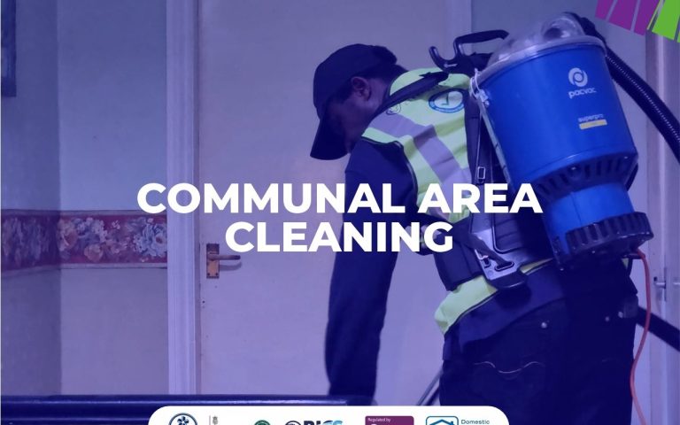 A dedicated cleaner sanitizing a communal area, ensuring a clean and hygienic environment. **Title:** Expert Communal Area Cleaning in Wigan, Manchester & Beyond